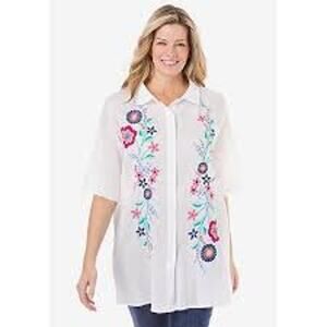 Woman Within Plus Size Embroidered Gauze Shirt Floral White Beach Summer 3X